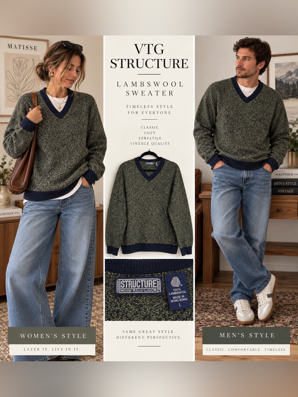 Vintage Structure Lambswool V-Neck Sweater Navy & Olive Marled Knit Size L